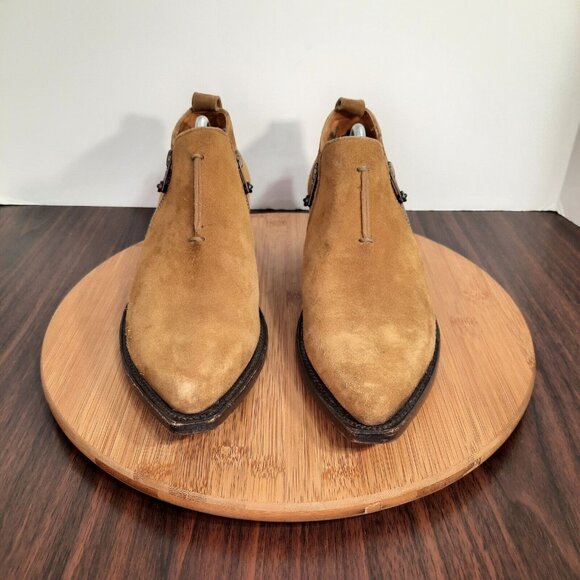 Frye Sacha Womens Size 9 Boots Tan Suede Side Zip Pointed Toe Moto Ankle Booties - Picture 2 of 12